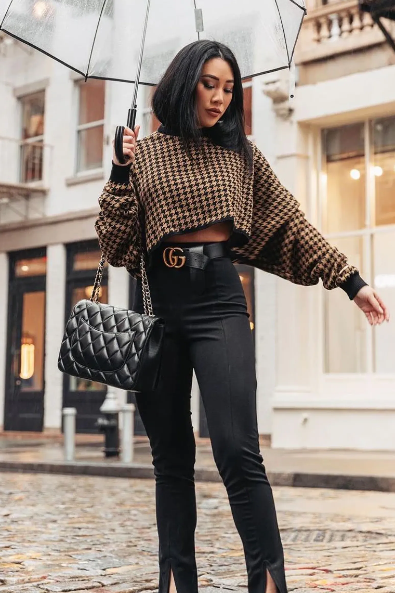 Rebellious Fashion Camel Hounds Tooth Cropped Batwing Jumper - Lizy