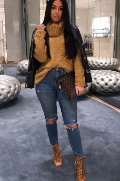 Rebellious Fashion Camel Knitted Borg Oversized Roll Neck Jumper - Ebbie