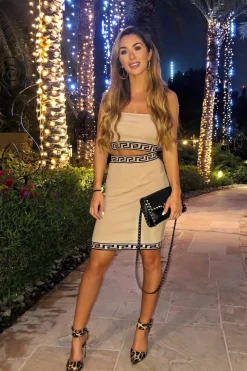 Rebellious Fashion Camel Knitted Greek Trim Bandeau Skirt Co-Ord - Caeli