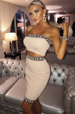 Rebellious Fashion Camel Knitted Greek Trim Bandeau Skirt Co-Ord - Caeli