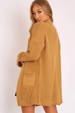 Rebellious Fashion Camel Knitted Oversized Pocket Detail Cardigan - Anna
