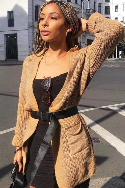 Rebellious Fashion Camel Knitted Oversized Pocket Detail Cardigan - Anna