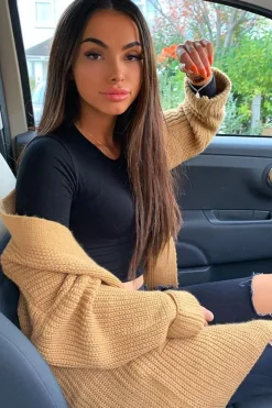 Rebellious Fashion Camel Knitted Oversized Pocket Detail Cardigan - Anna