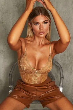 Rebellious Fashion Camel Lace Corset Cup Bodysuit - Layne