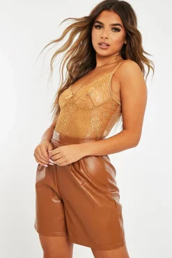 Rebellious Fashion Camel Lace Corset Cup Bodysuit - Layne