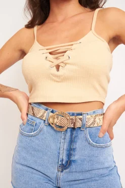 Rebellious Fashion Camel Lace Up Ribbed Crop top - Prisha