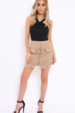 Rebellious Fashion Camel Lace Up Suedette Skirt with Pockets - Patra