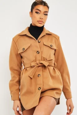 Rebellious Fashion Camel Long Belted Shacket - Maryah