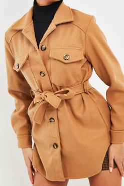 Rebellious Fashion Camel Long Belted Shacket - Maryah