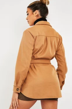 Rebellious Fashion Camel Long Belted Shacket - Maryah
