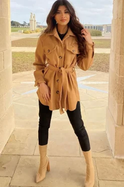 Rebellious Fashion Camel Long Belted Shacket - Maryah