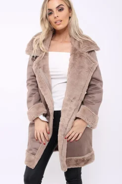 Rebellious Fashion Camel Long Faux Shearling Coat - Chai