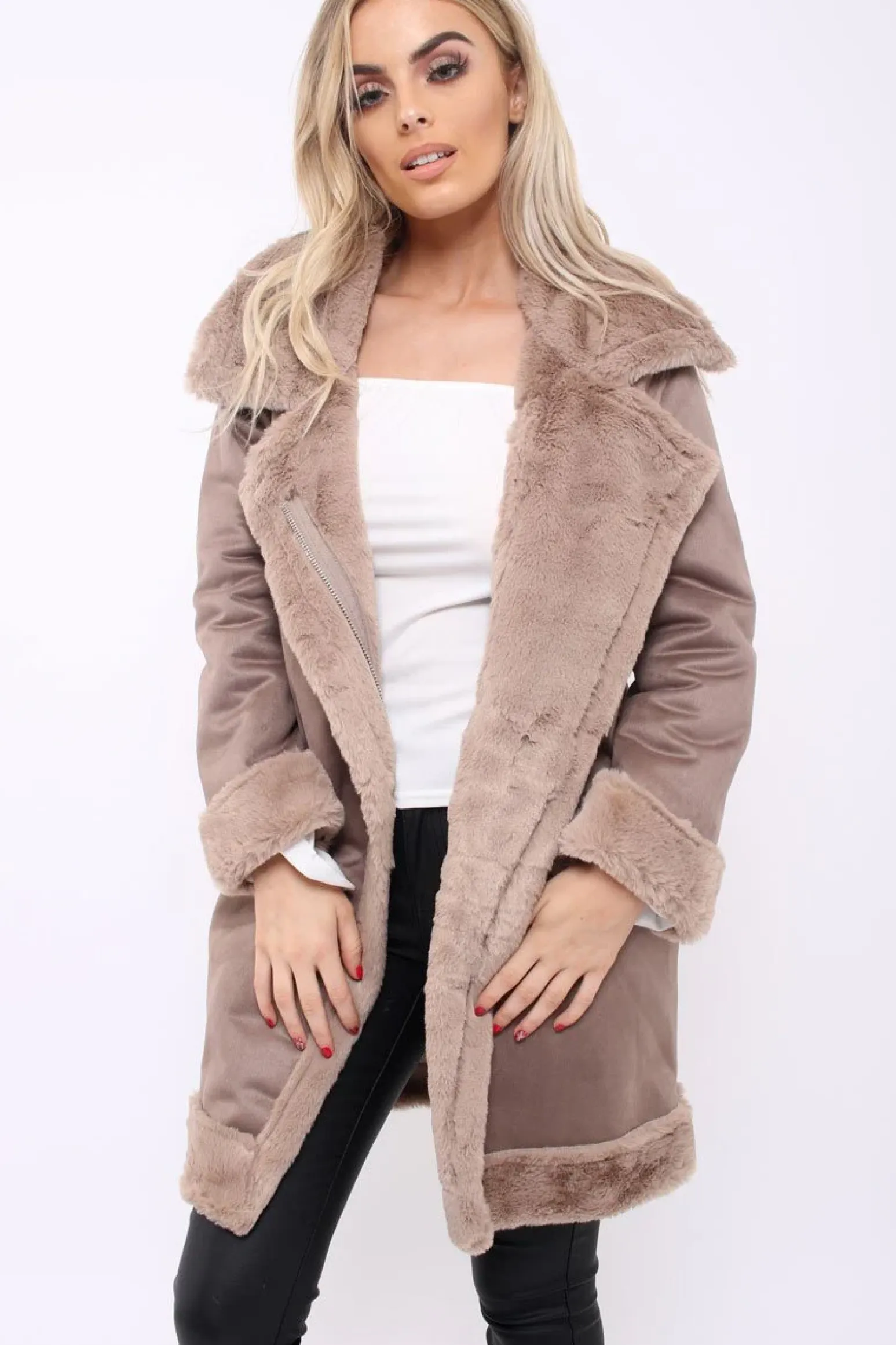 Rebellious Fashion Camel Long Faux Shearling Coat - Chai