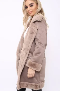 Rebellious Fashion Camel Long Faux Shearling Coat - Chai