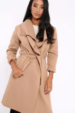Rebellious Fashion Camel Long Length Waterfall Belted Coat - Cindy