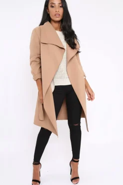 Rebellious Fashion Camel Long Length Waterfall Belted Coat - Cindy