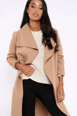 Rebellious Fashion Camel Long Length Waterfall Belted Coat - Cindy