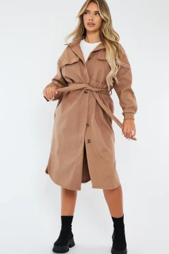 Rebellious Fashion Camel Longline Belted Pocket Front Shacket - Henslee