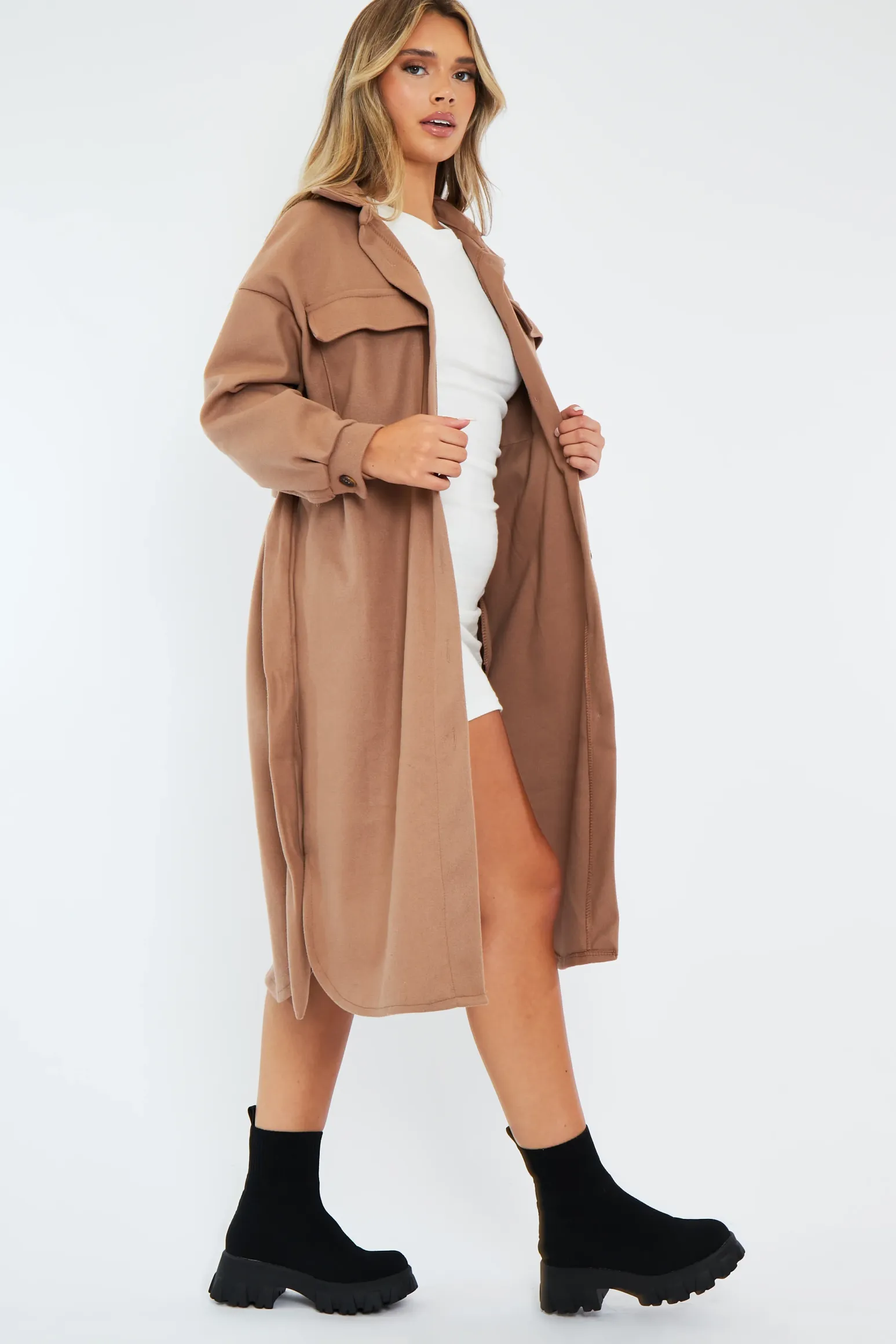 Rebellious Fashion Camel Longline Belted Pocket Front Shacket - Henslee