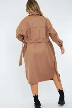 Rebellious Fashion Camel Longline Belted Pocket Front Shacket - Henslee