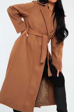 Rebellious Fashion Camel Longline Belted Tailored Coat - Syma