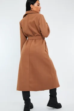 Rebellious Fashion Camel Longline Belted Tailored Coat - Syma