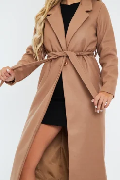 Rebellious Fashion Camel Longline Button Up Belted Tailored Coat - Damiya
