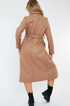 Rebellious Fashion Camel Longline Button Up Belted Tailored Coat - Damiya