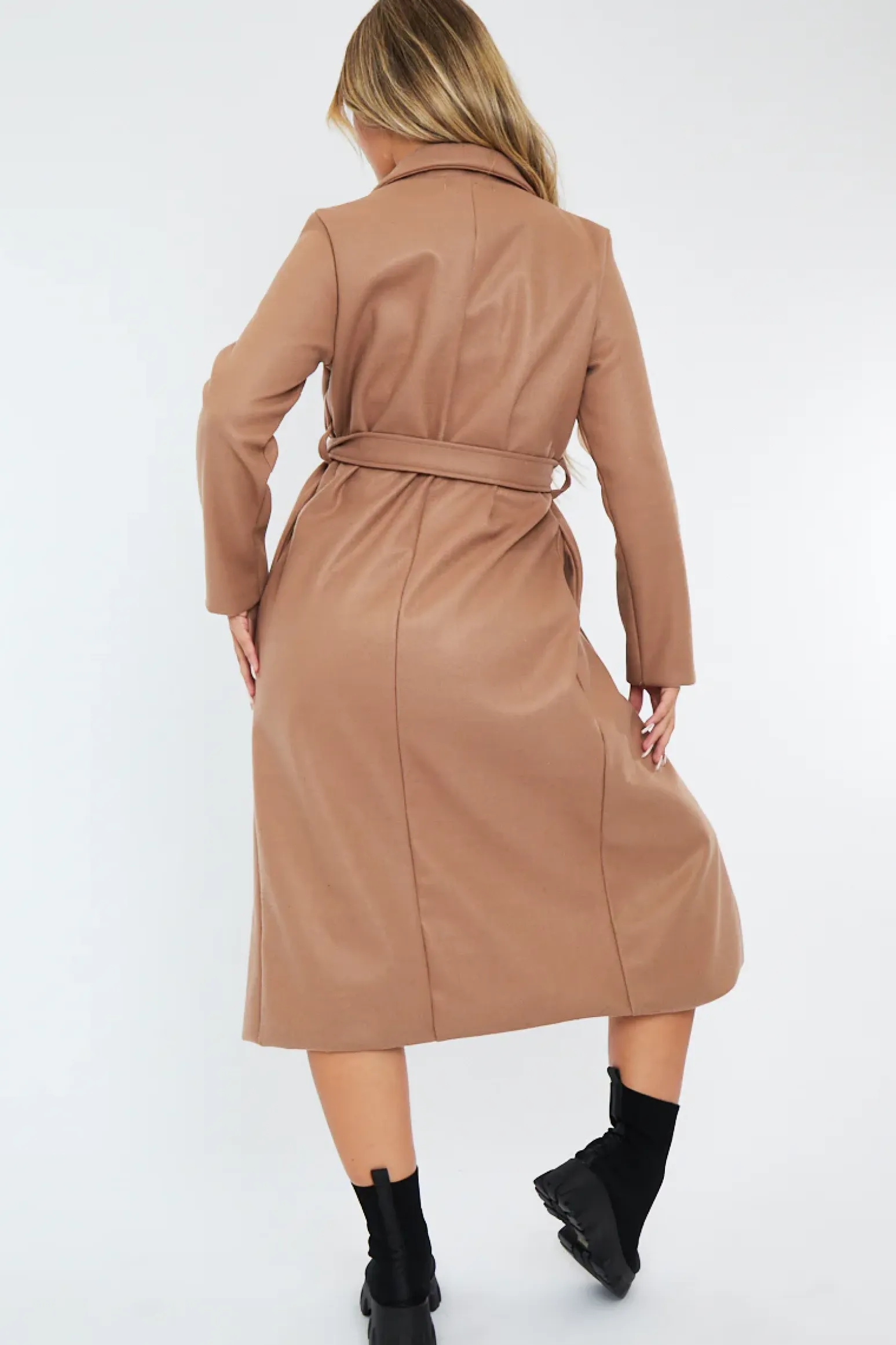 Rebellious Fashion Camel Longline Button Up Belted Tailored Coat - Damiya