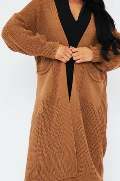 Rebellious Fashion Camel Longline Relaxed Fit Front Pockets Cardigan - Leah