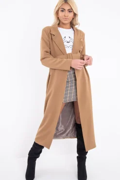 Rebellious Fashion Camel Longline Tailored Belted Coat - Joelle