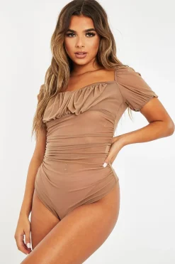 Rebellious Fashion Camel Mesh Cap Sleeve Bodysuit - Aadvi