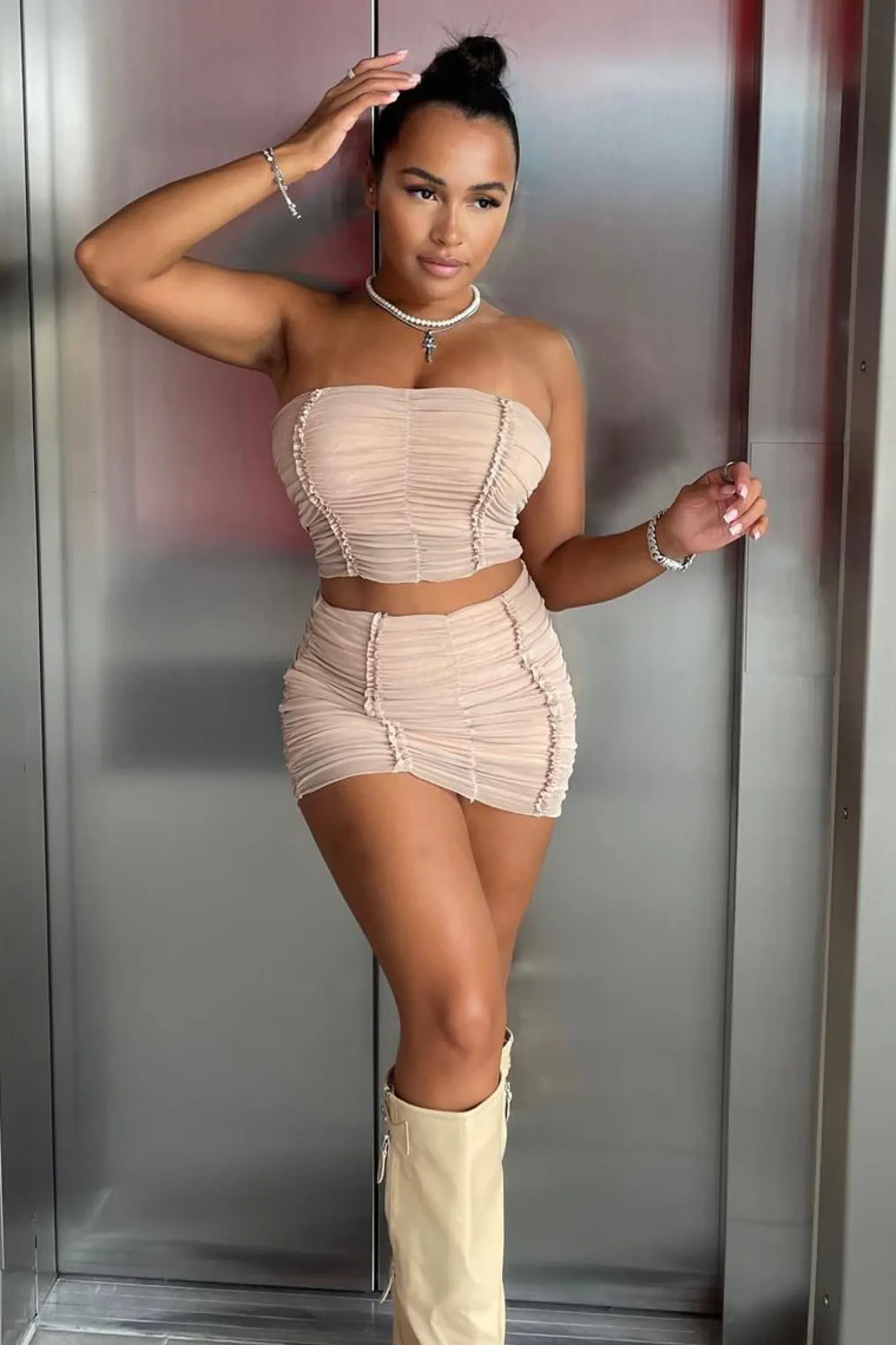 Rebellious Fashion Camel Mesh Ruched Tube Crop Top & Micro Mini Skirt - Bella