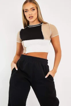 Rebellious Fashion Camel Multi Contrast Stitch Panel Crop Top - Desire