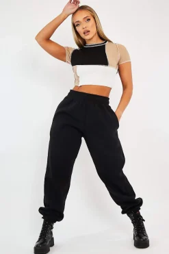 Rebellious Fashion Camel Multi Contrast Stitch Panel Crop Top - Desire
