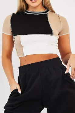 Rebellious Fashion Camel Multi Contrast Stitch Panel Crop Top - Desire