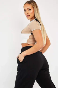 Rebellious Fashion Camel Multi Contrast Stitch Panel Crop Top - Desire