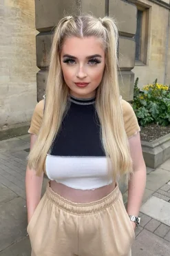 Rebellious Fashion Camel Multi Contrast Stitch Panel Crop Top - Desire