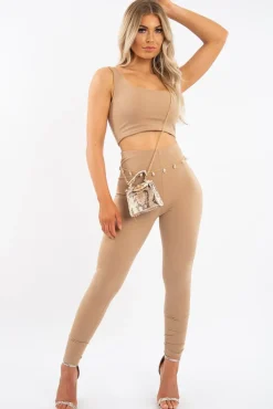 Rebellious Fashion Camel One Shoulder Crop Top and Leggings Co-Ord - Marrie