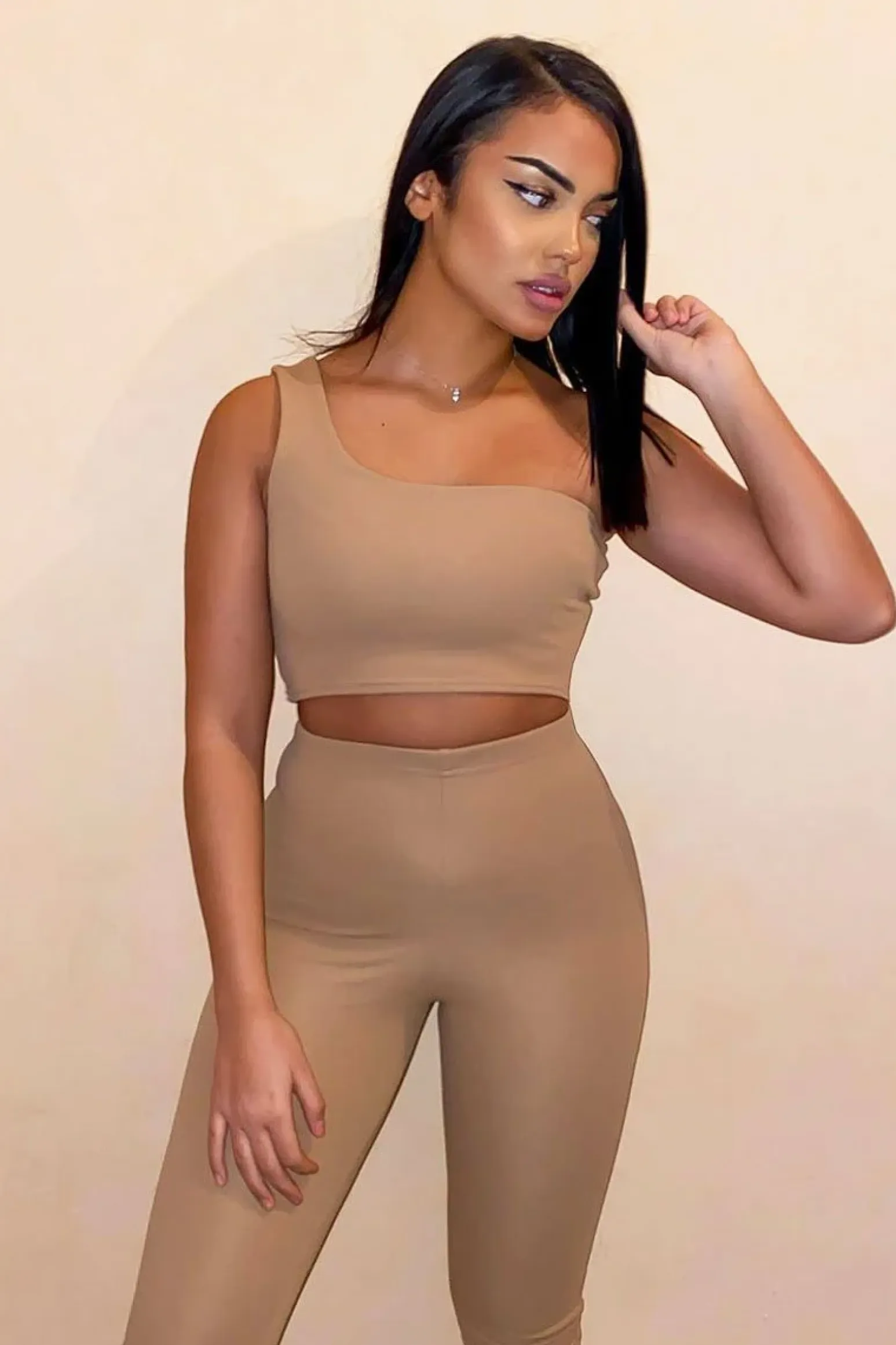 Rebellious Fashion Camel One Shoulder Crop Top and Leggings Co-Ord - Marrie