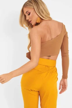Rebellious Fashion Camel One Shoulder Long Sleeve Crop Top - Jazmyn