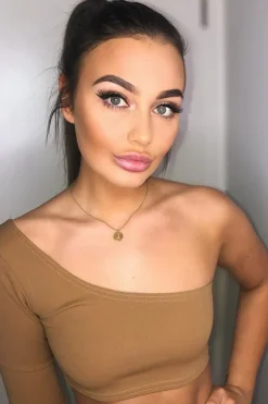 Rebellious Fashion Camel One Shoulder Long Sleeve Crop Top - Jazmyn