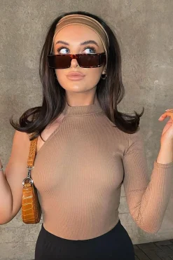Rebellious Fashion Camel One Sleeve High Neck Bodysuit - Oakley