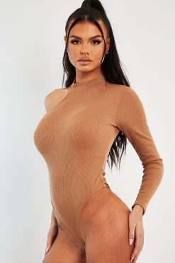 Rebellious Fashion Camel One Sleeve High Neck Bodysuit - Oakley