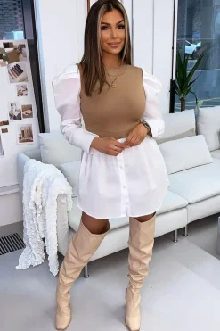 Rebellious Fashion Camel Overlay Detail Puff Sleeve White Shirt Dress - Olah