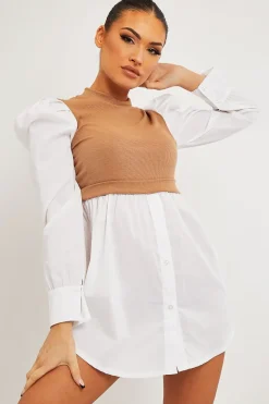 Rebellious Fashion Camel Overlay Detail Puff Sleeve White Shirt Dress - Olah