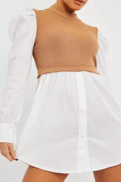 Rebellious Fashion Camel Overlay Detail Puff Sleeve White Shirt Dress - Olah