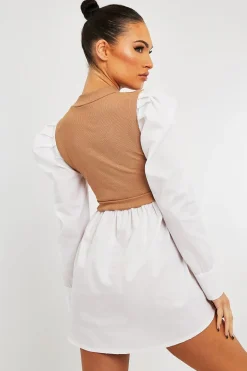 Rebellious Fashion Camel Overlay Detail Puff Sleeve White Shirt Dress - Olah
