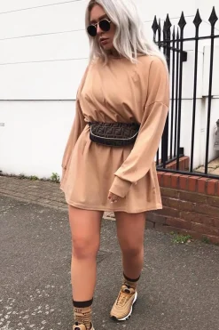Rebellious Fashion Camel Oversized Jumper Dress - Oaklee