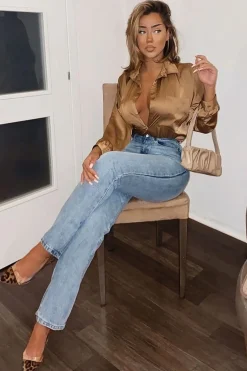 Rebellious Fashion Camel Oversized Satin Shirt - Carine